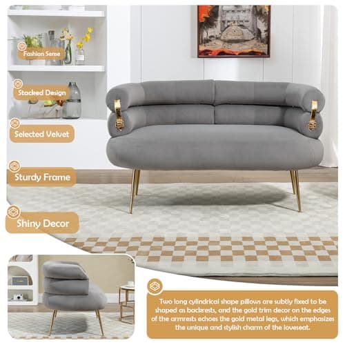 Antetek Velvet Loveseat Sofa with Golden Decor, Grey