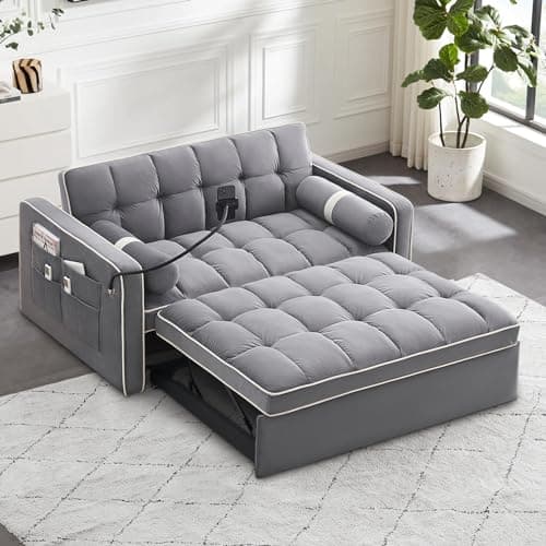Upgraded Sleeper Sofa Couch Bed with Phone Holder, Small Modern Convertible Loveseat Futon Sofa w/Pullout Bed, Adjustable Backrest, Black