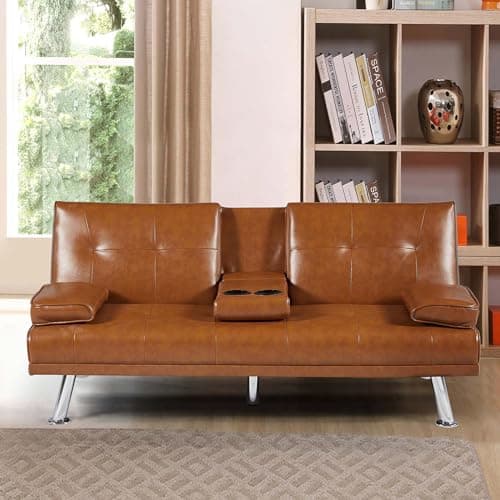 Modern Futon Sofa Bed with Adjustable Positions and Cup Holder - White