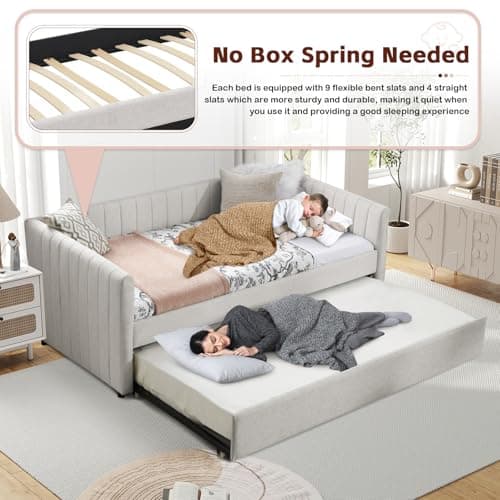Modern Linen Fabric Upholstered Daybed with Trundle for Bedroom, Living Room, Guest Room