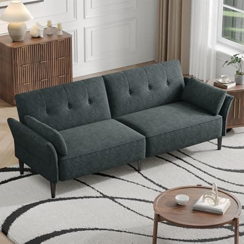 Modern 89 Velvet Futon Sofa Bed with Pillows - Beige Color