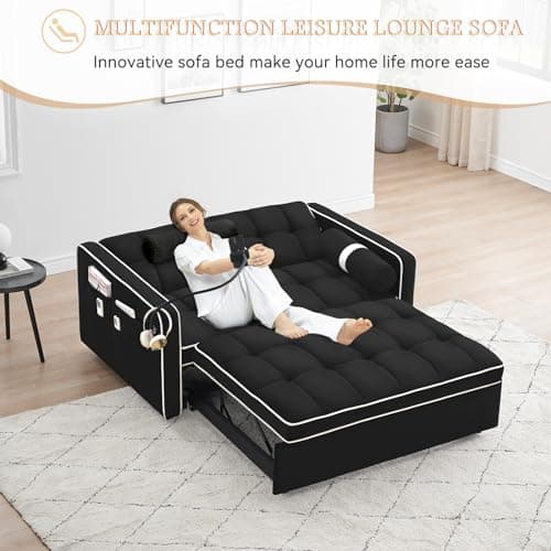 Upgraded Sleeper Sofa Couch Bed with Phone Holder, Small Modern Convertible Loveseat Futon Sofa w/Pullout Bed, Adjustable Backrest, Black