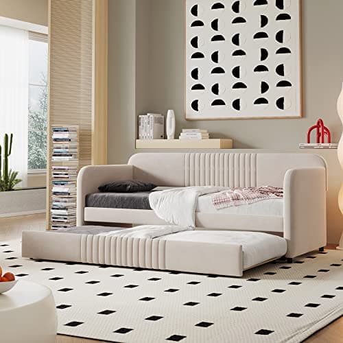 Upholstered Daybed with Trundle and Wood Slat Support, Gray