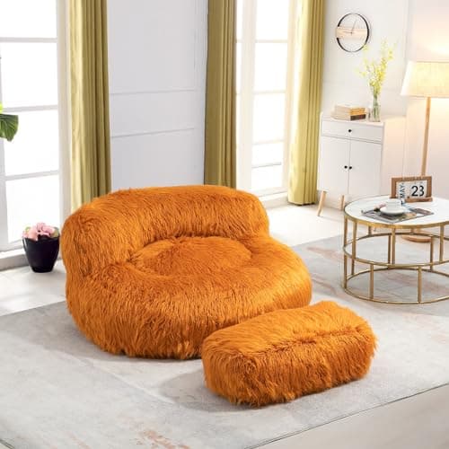 Modern Fluffy Beanbag Chair with Ottoman for Adults and Kids, Black