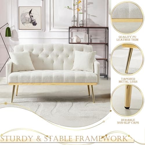 Modern Small Upholstered Loveseat Sofa with Side Pocket and Golden Metal Legs, Cream White Teddy