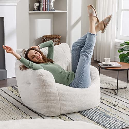 Modern Teddy Fabric Bean Bag Chairs for Adults & Kids, Ultra Soft Sofa Chair for Living Room, Bedroom - Ivory