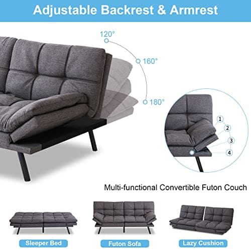 Modern Futon Sofa Bed for Small Spaces, Dark Grey