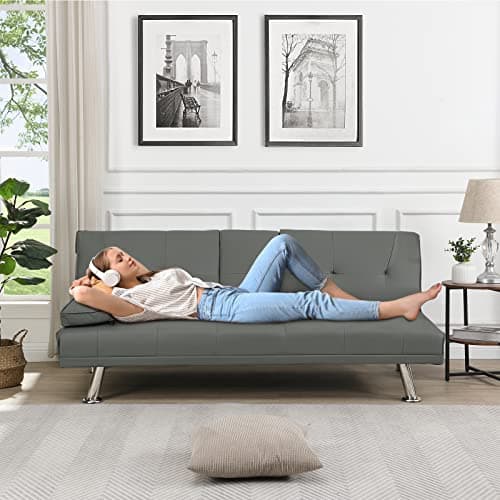 Antetek Modern Convertible Faux Leather Futon Sofa Bed with Cup Holder – Grey