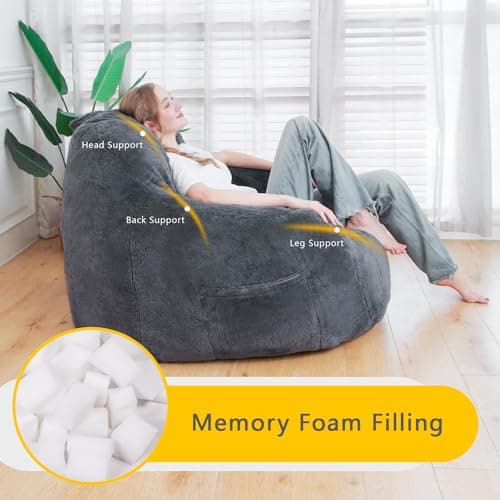 Comfy Giant Bean Bag Chair with Memory Foam for Adults | Gray Bean Bag Sofa for Bedroom, Living Room