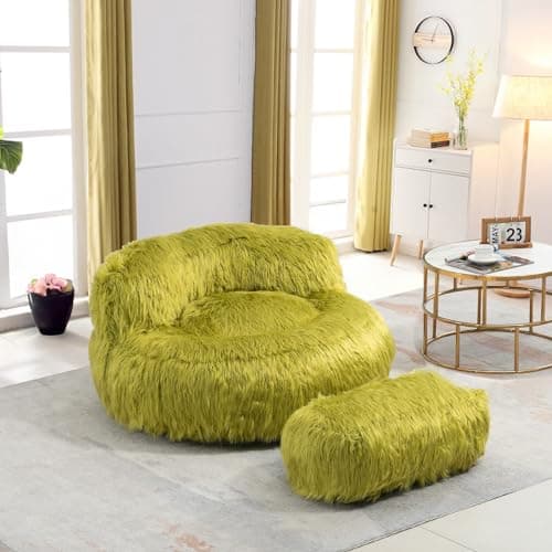 Modern Fluffy Beanbag Chair with Ottoman for Adults and Kids, Black