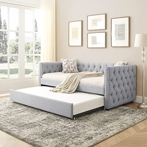 Twin Size Daybed with Trundle, Upholstered Sofa Bed Frame, Grey Linen