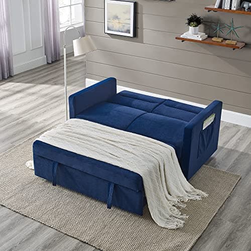 Modern 3 in 1 Convertible Sleeper Sofa Bed, Loveseat Couch with Pull-Out Bed, Reclining Backrest & Side Pocket, Blue