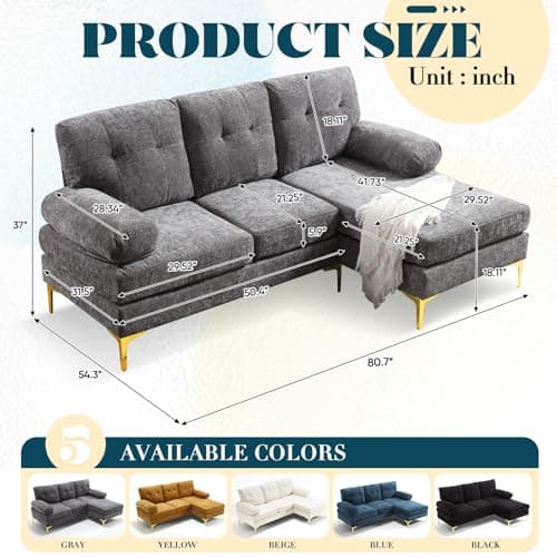 Antetek 80.7 L Shaped Chenille Sectional Sofa with Chaise Lounge, Modern Cloud Couch for Small Spaces in Grey