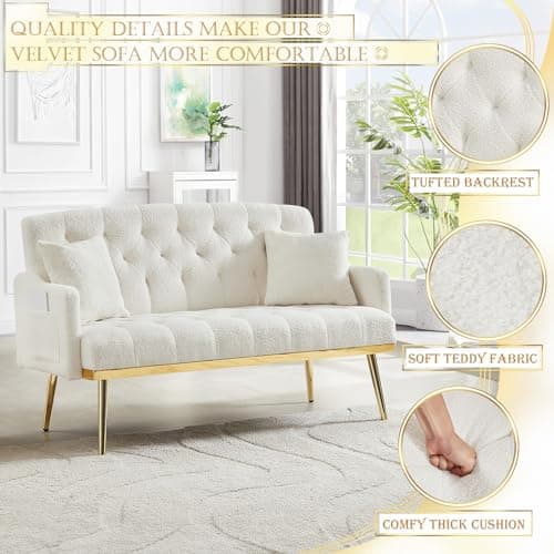 Modern Small Upholstered Loveseat Sofa with Side Pocket and Golden Metal Legs, Cream White Teddy