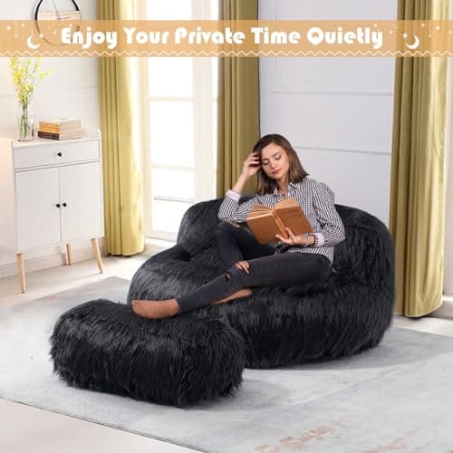 Modern Fluffy Beanbag Chair with Ottoman for Adults and Kids, Black
