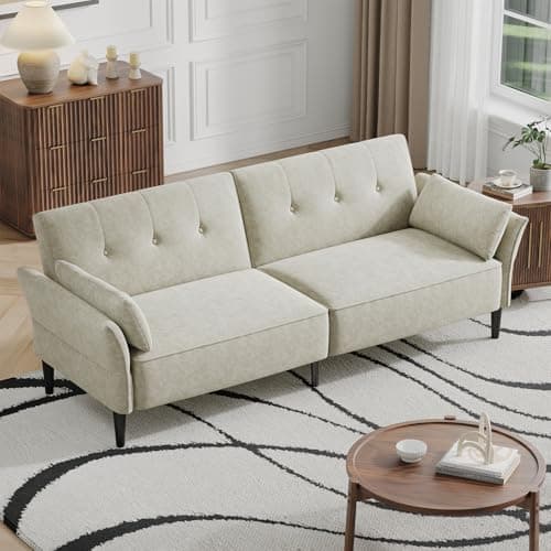 Modern 89 Velvet Futon Sofa Bed with Pillows - Beige Color