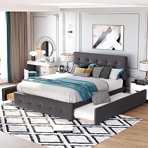 Upholstered Daybed with Trundle and Wood Slat Support, Gray