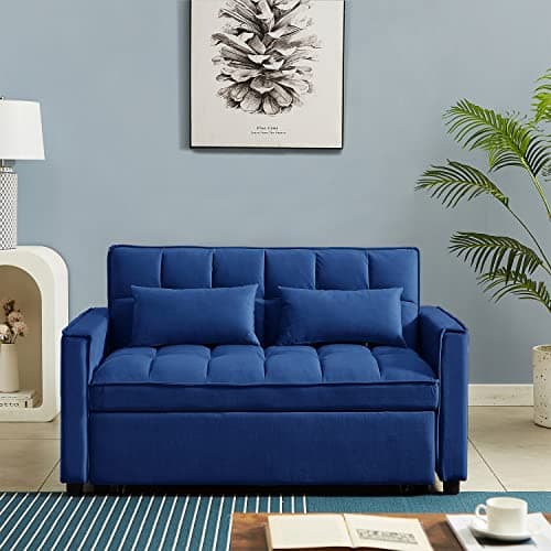 Antetek 3 in 1 Convertible Sleeper Sofa Bed, Blue Velvet Loveseat Futon Couch