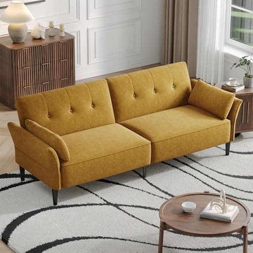 Modern 89 Velvet Futon Sofa Bed with Pillows - Beige Color