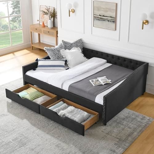 Queen Size Wood Daybed with Drawers and Linen Upholstered Sofa Bed