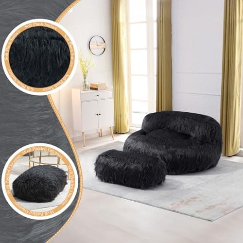 Modern Fluffy Beanbag Chair with Ottoman for Adults and Kids, Black