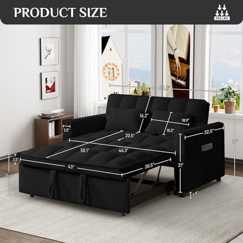 Convertible Sleeper Sofa Couch with Pullout Bed, Loveseat with Storage and Pillows, Modern Futon Couch Bed for RV, Living Room, Bedroom and Small Space in Black Teddy