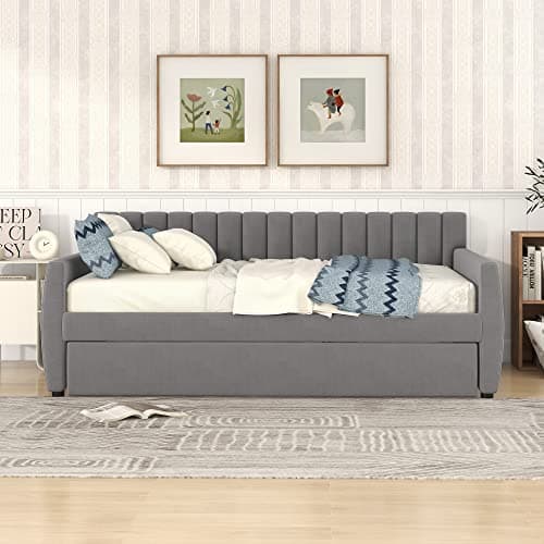 Upholstered Daybed with Trundle and Wood Slat Support, Gray