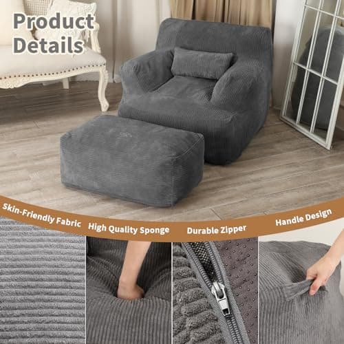 Bean Bag Sofa Chair with Ottoman and Throw Pillow for Adults