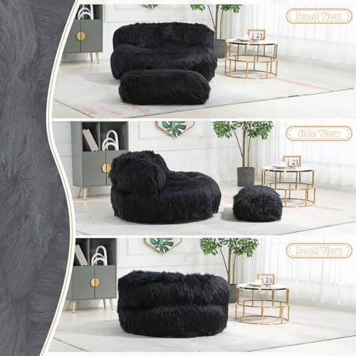 Modern Fluffy Beanbag Chair with Ottoman for Adults and Kids, Black