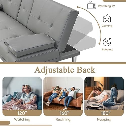 Antetek Modern Convertible Faux Leather Futon Sofa Bed with Cup Holder – Grey