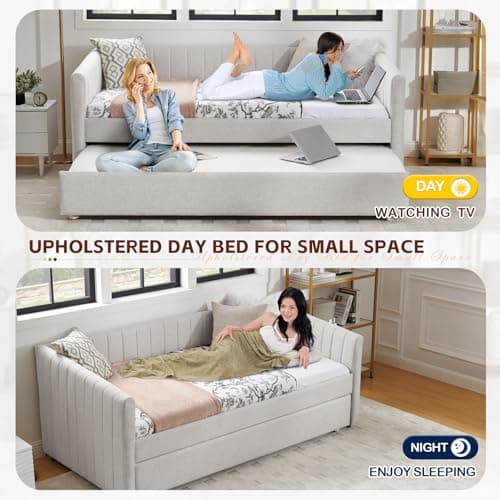 Modern Linen Fabric Upholstered Daybed with Trundle for Bedroom, Living Room, Guest Room