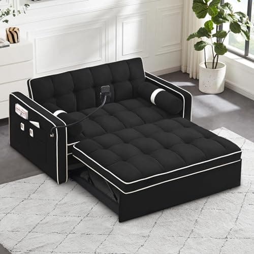 Upgraded Sleeper Sofa Couch Bed with Phone Holder, Small Modern Convertible Loveseat Futon Sofa w/Pullout Bed, Adjustable Backrest, Black