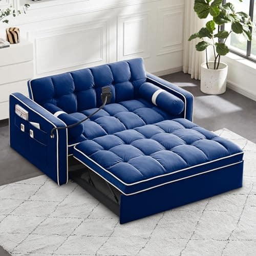 Upgraded Sleeper Sofa Couch Bed with Phone Holder, Small Modern Convertible Loveseat Futon Sofa w/Pullout Bed, Adjustable Backrest, Black