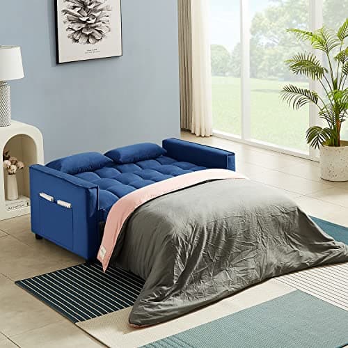 Antetek 3 in 1 Convertible Sleeper Sofa Bed, Blue Velvet Loveseat Futon Couch