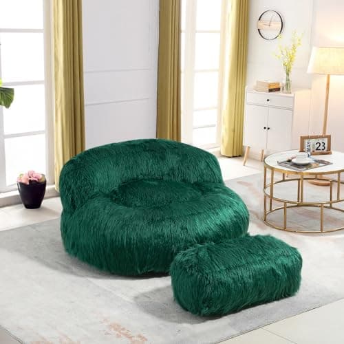 Modern Fluffy Beanbag Chair with Ottoman for Adults and Kids, Black