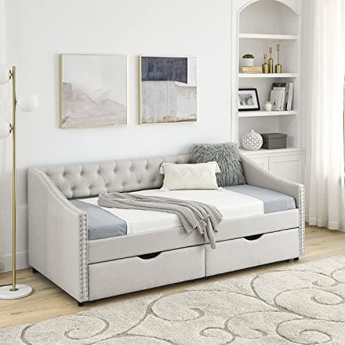 Modern Linen Upholstered Daybed with Drawers - Twin Size, Beige