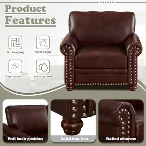 Comfy PU Leather Sofa with Storage Space & Solid Bun Feet, Small Modern Loveseat for Living Room Small Space, Bedroom, Red Brown