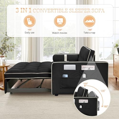 Upgraded Sleeper Sofa Couch Bed with Phone Holder, Small Modern Convertible Loveseat Futon Sofa w/Pullout Bed, Adjustable Backrest, Black