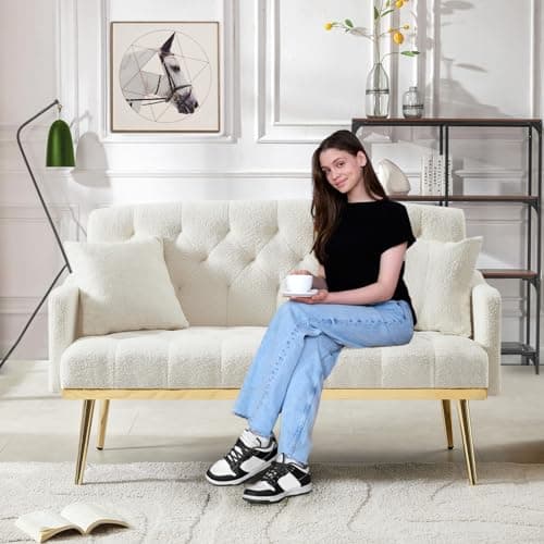 Modern Small Upholstered Loveseat Sofa with Side Pocket and Golden Metal Legs, Cream White Teddy