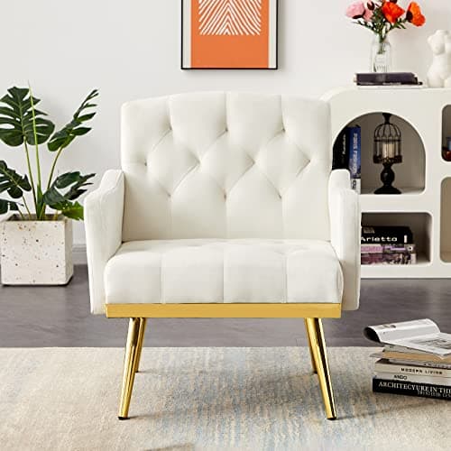 Modern Small Upholstered Loveseat Sofa with Side Pocket and Golden Metal Legs, Cream White Teddy