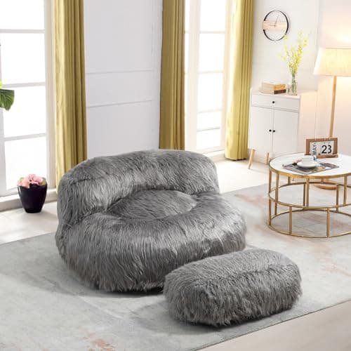 Modern Fluffy Beanbag Chair with Ottoman for Adults and Kids, Black