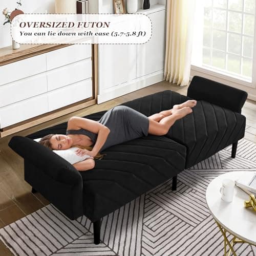 Modern Convertible Sleeper Futon Couch, Velvet Oversized Loveseat Sofa Couch