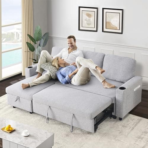 Antetek Reversible L-Shaped Sofa Bed with Storage and Pull-Out Bed for Small Spaces, Light Grey