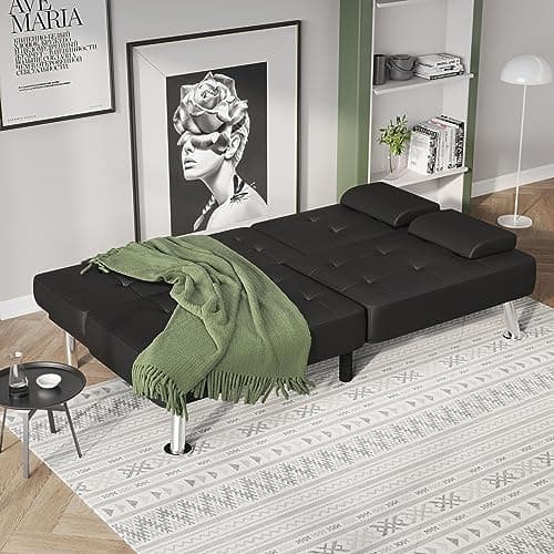Flamaker Black PU Leather Modern Folding Futon Sofa Bed with Cup Holders