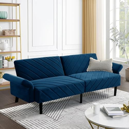 Modern Convertible Sleeper Futon Couch, Velvet Oversized Loveseat Sofa Couch