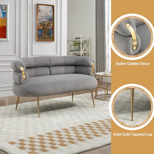 Antetek Velvet Loveseat Sofa with Golden Decor, Grey