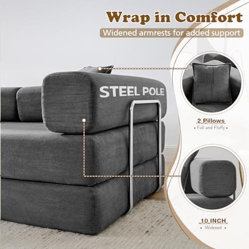 Modern Gray Convertible Futon Sofa Bed for Living Room Bedroom Guest Room