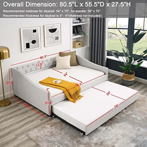 Antetek Full Size Linen Upholstered Daybed with Trundle – Modern Button-Tufted Sofa Frame for Bedroom or Living Room (Beige)