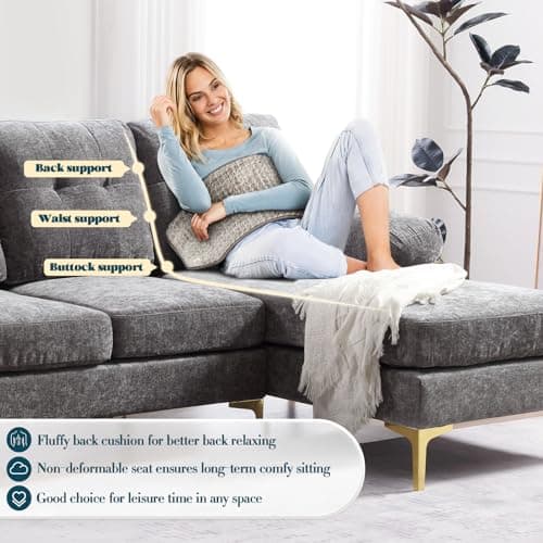 Antetek 80.7 L Shaped Chenille Sectional Sofa with Chaise Lounge, Modern Cloud Couch for Small Spaces in Grey