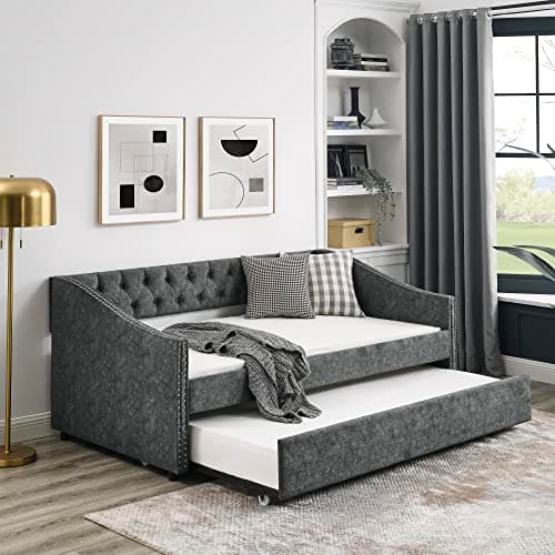 Twin Size Daybed with Trundle, Upholstered Sofa Bed Frame, Grey Linen